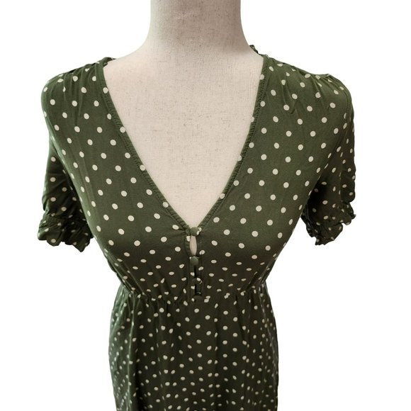 Zara Olive Green And Cream Polka Dot Short Puff Sleeve Midi Dress Size XS - Picture 11 of 15